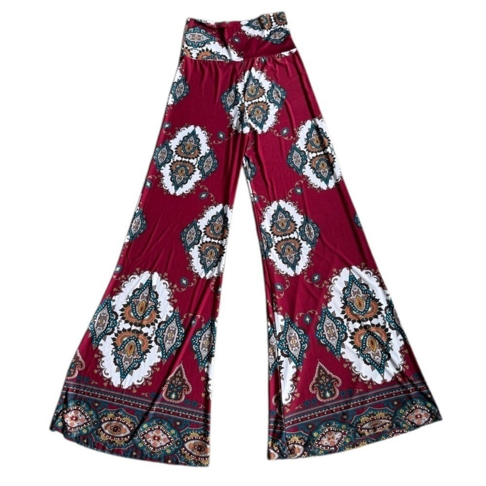 Moa USA Womens Burgundy Paisley Wide Leg Palazzo‎ Flare Pants High Waist Medium